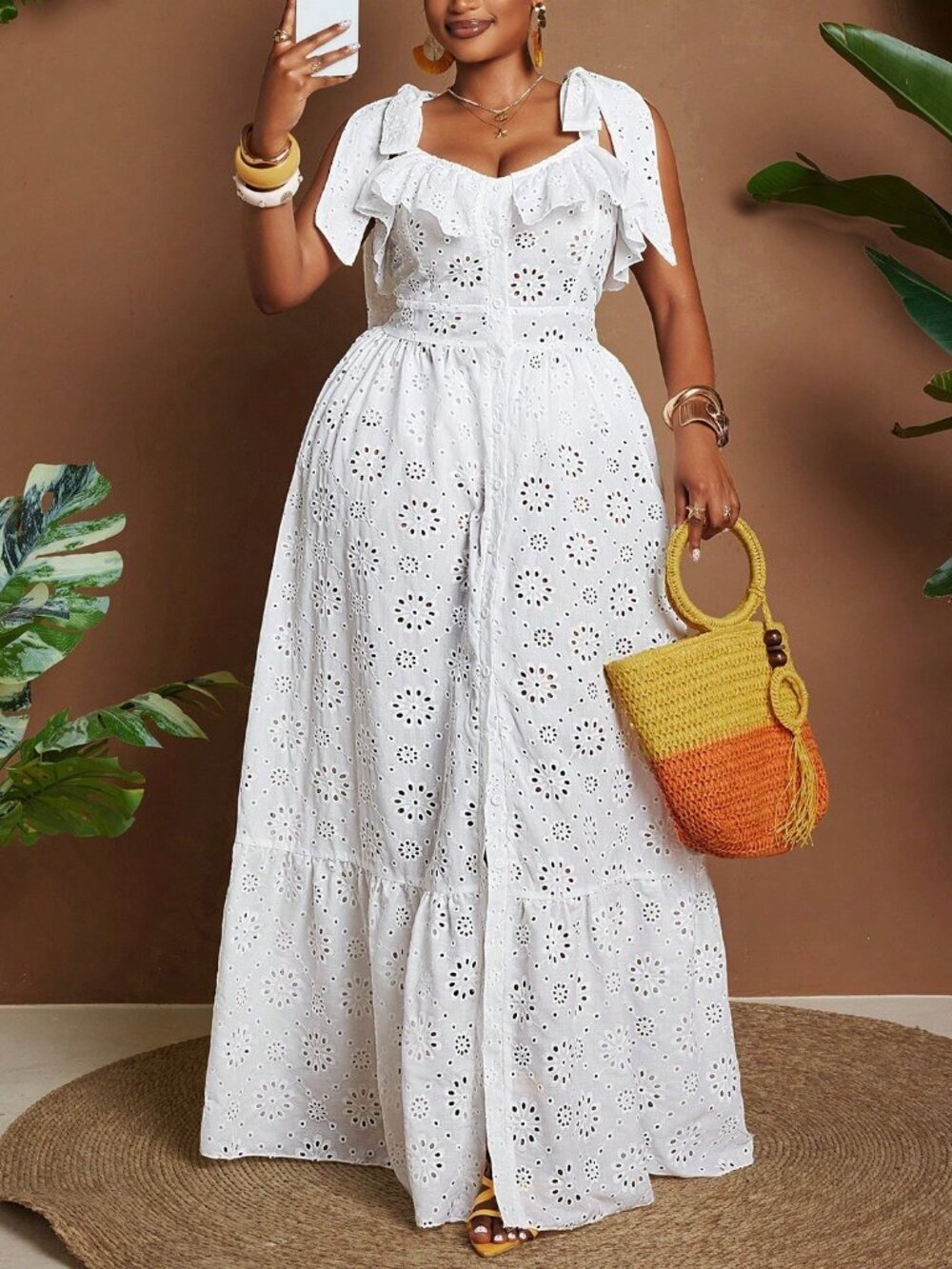 White Boho Elegant Women's Plus Size Woven Embroidered Patchwork Ruffle Dress